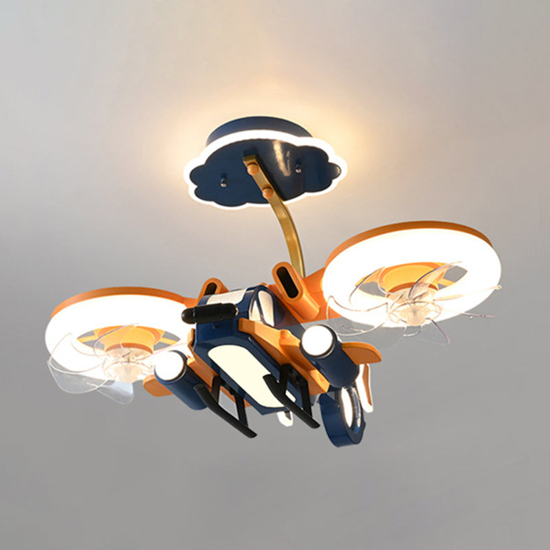 Kids LED Ceiling Fan Lamp Airplane Metal Fan Lighting in Blue and Orange for Bedroom