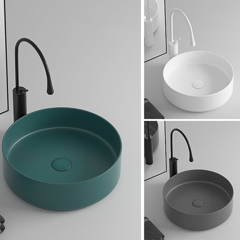 Round Porcelain Bathroom Sink with Shut-Off Valve Vessel Sink