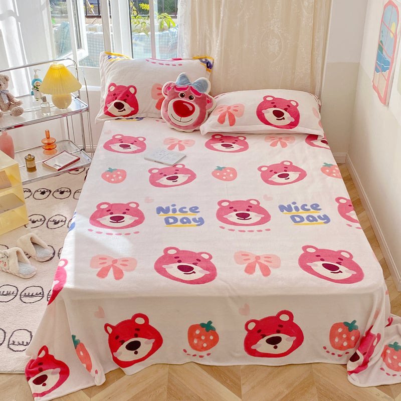 Cartoon Print Bed Sheet Set Flannel Super Soft Modern Pillowcase
