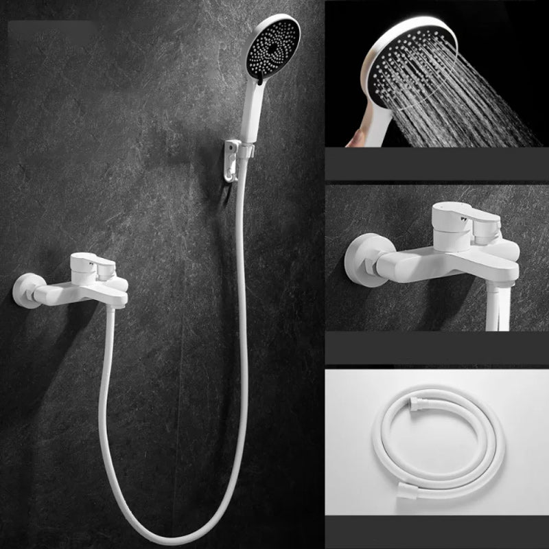 Round Shower Set White Wall Mounted Handshower Lever Handle Shower Hose Swivel Shower Set