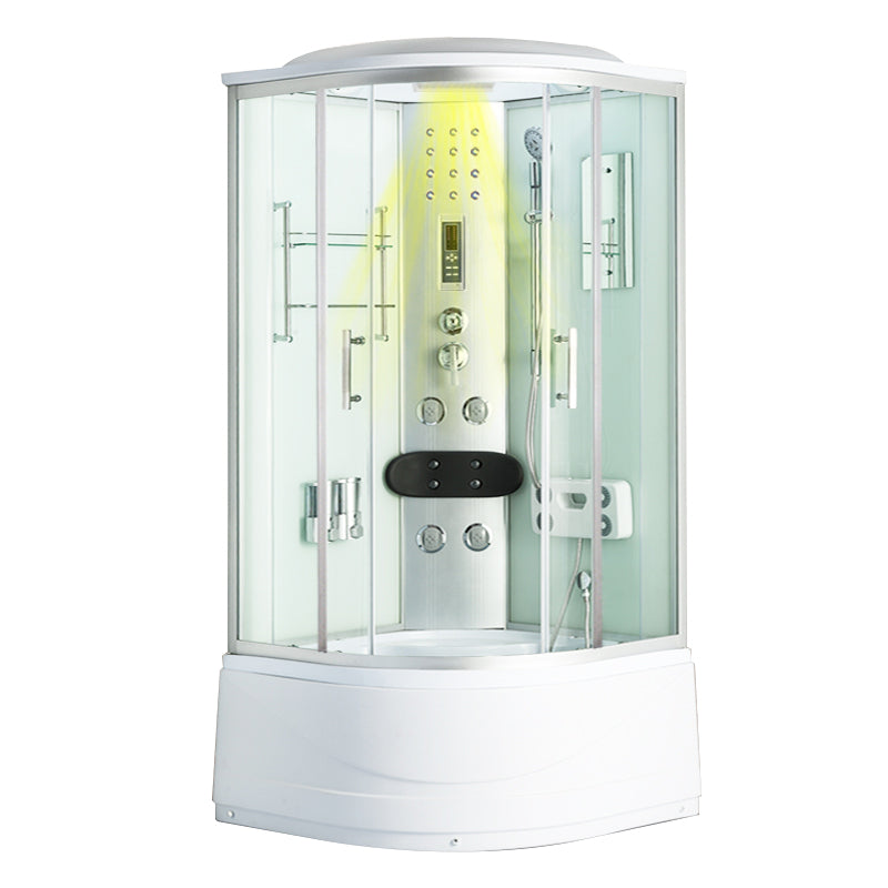 Round Shower Stall Double Sliding Shower Stall with White Base and Rain Shower