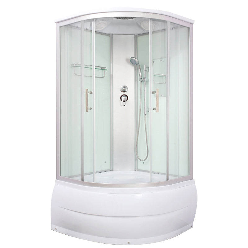 Round Shower Stall Double Sliding Shower Stall with White Base and Rain Shower