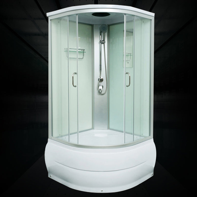 Round Shower Stall Double Sliding Shower Stall with White Base and Rain Shower