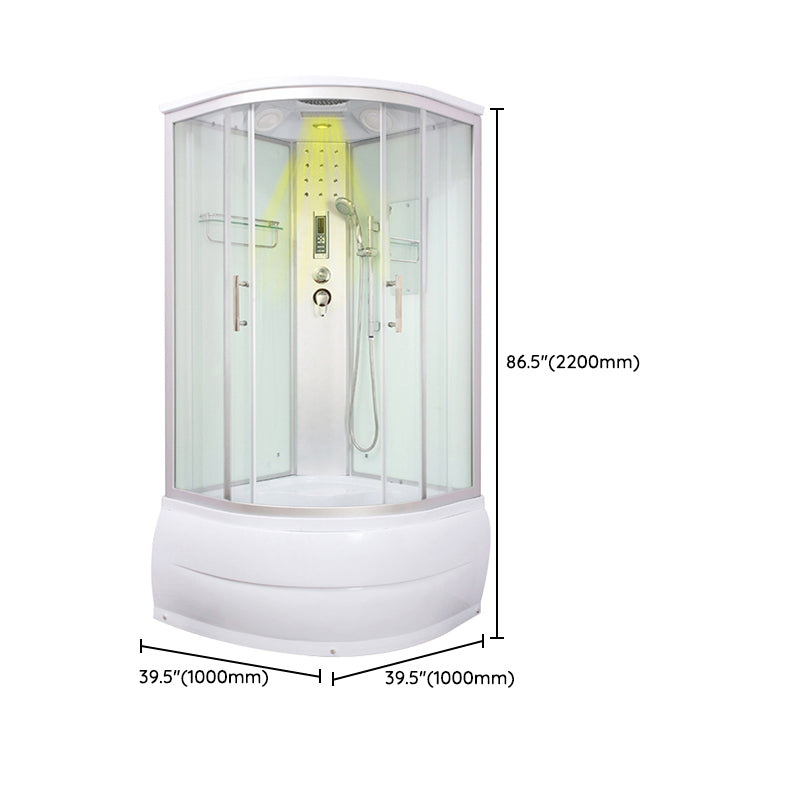 Round Shower Stall Double Sliding Shower Stall with White Base and Rain Shower
