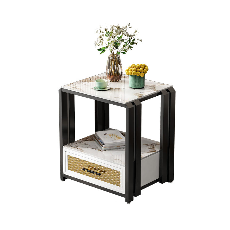 Frame Glam Style Side Table 21.6" Tall Stone Top Side Table with Storage