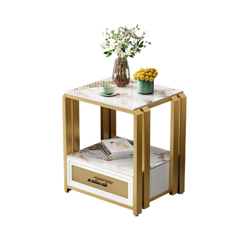 Frame Glam Style Side Table 21.6" Tall Stone Top Side Table with Storage