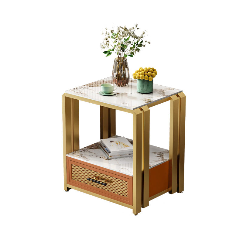 Frame Glam Style Side Table 21.6" Tall Stone Top Side Table with Storage