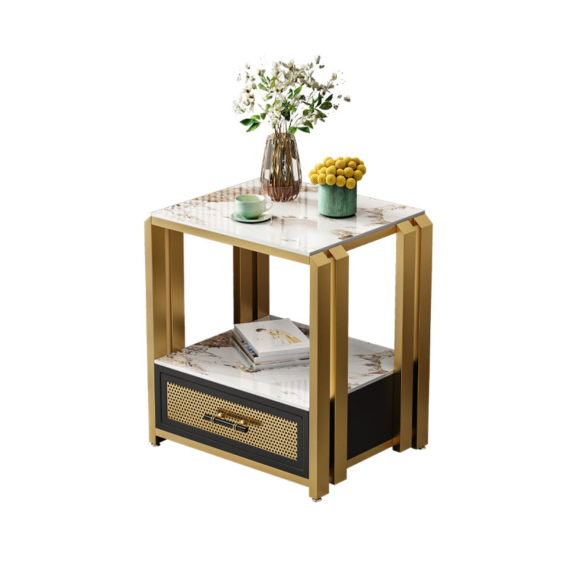 Frame Glam Style Side Table 21.6" Tall Stone Top Side Table with Storage