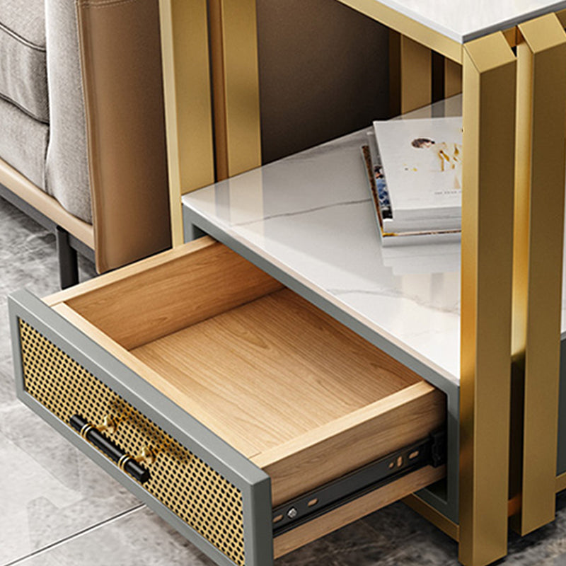 Frame Glam Style Side Table 21.6" Tall Stone Top Side Table with Storage