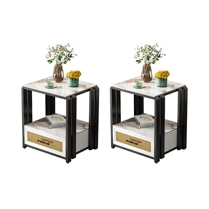 Frame Glam Style Side Table 21.6" Tall Stone Top Side Table with Storage