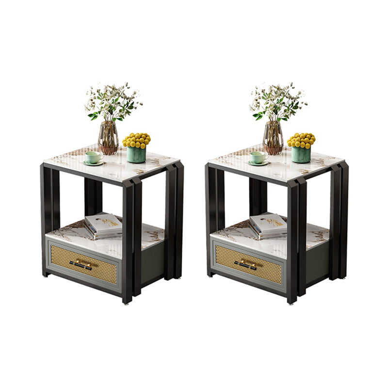 Frame Glam Style Side Table 21.6" Tall Stone Top Side Table with Storage