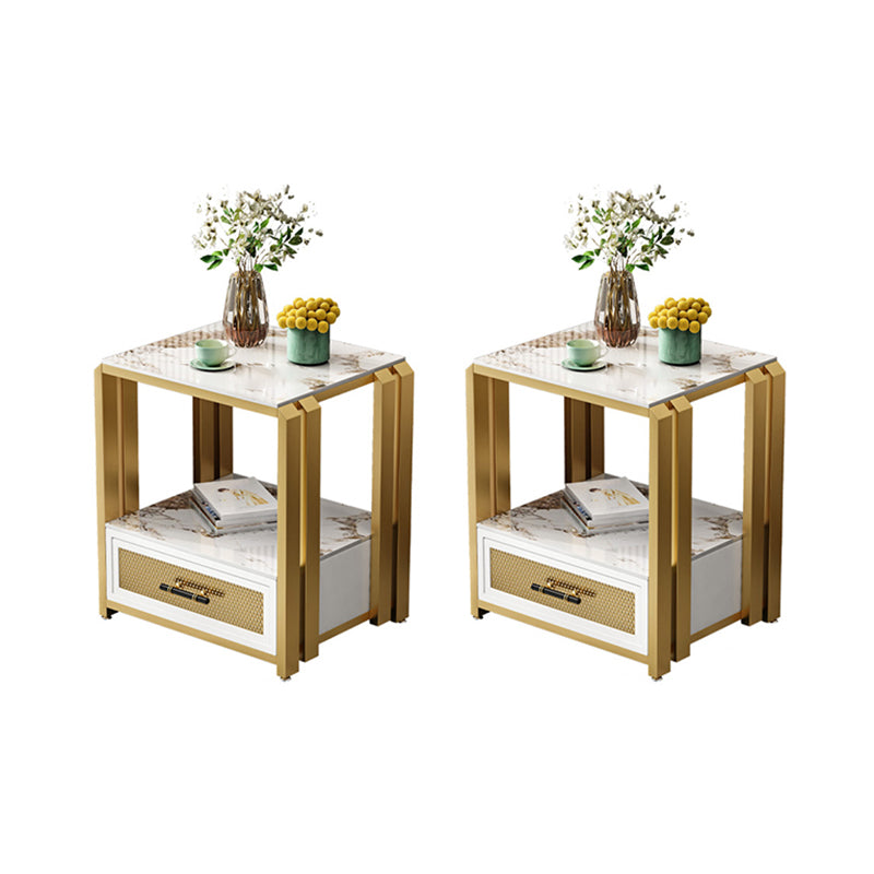 Frame Glam Style Side Table 21.6" Tall Stone Top Side Table with Storage