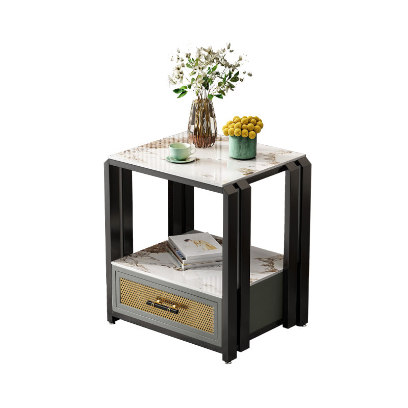 Frame Glam Style Side Table 21.6" Tall Stone Top Side Table with Storage
