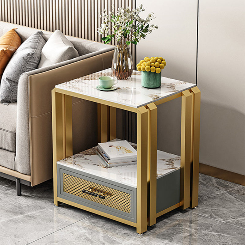 Frame Glam Style Side Table 21.6" Tall Stone Top Side Table with Storage