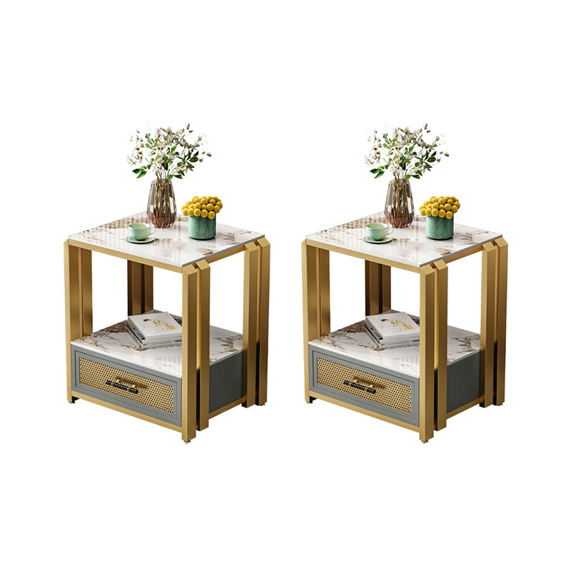 Frame Glam Style Side Table 21.6" Tall Stone Top Side Table with Storage