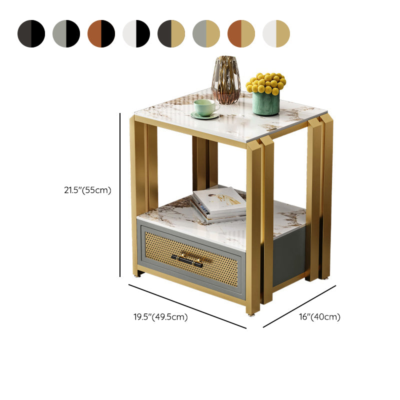 Frame Glam Style Side Table 21.6" Tall Stone Top Side Table with Storage