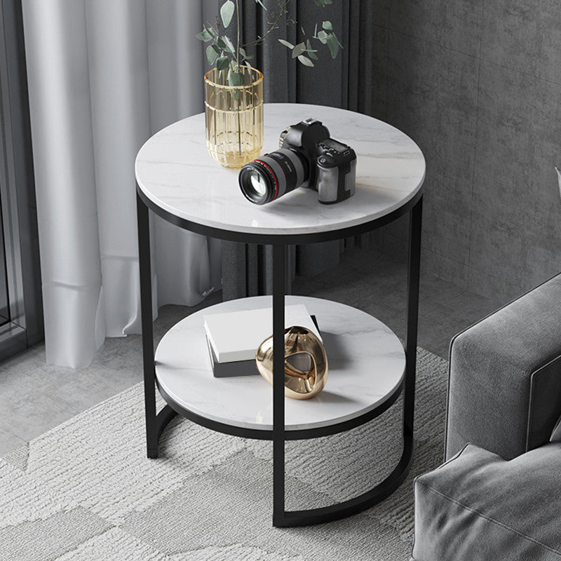 Metal Frame Side End Table Round Stone Top Side Table with Shelf