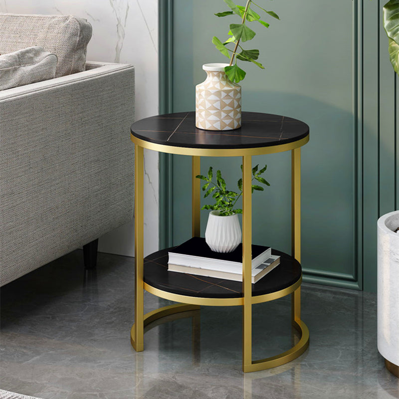 Metal Frame Side End Table Round Stone Top Side Table with Shelf