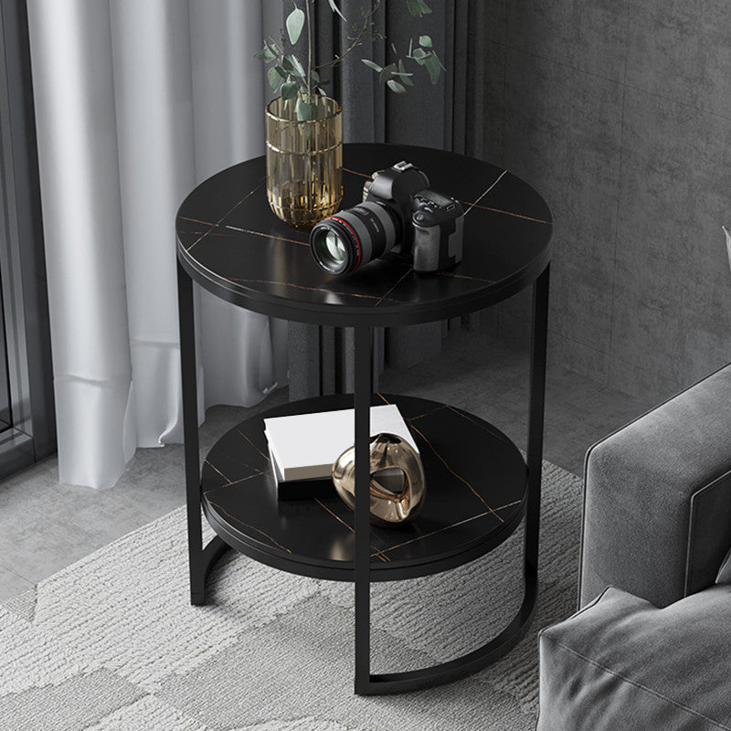 Metal Frame Side End Table Round Stone Top Side Table with Shelf