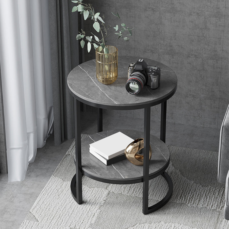 Metal Frame Side End Table Round Stone Top Side Table with Shelf