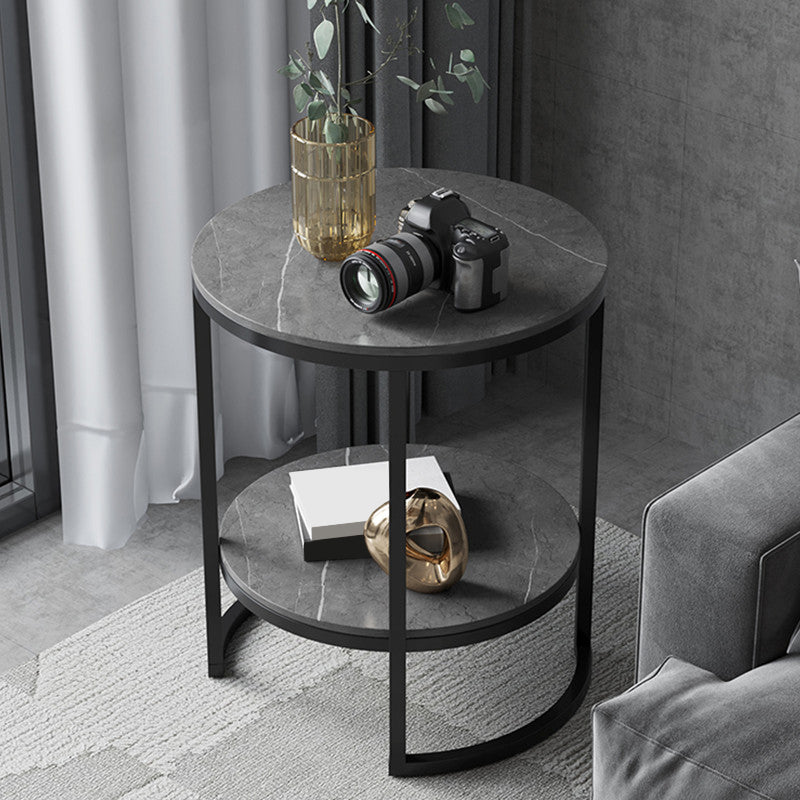 Metal Frame Side End Table Round Stone Top Side Table with Shelf