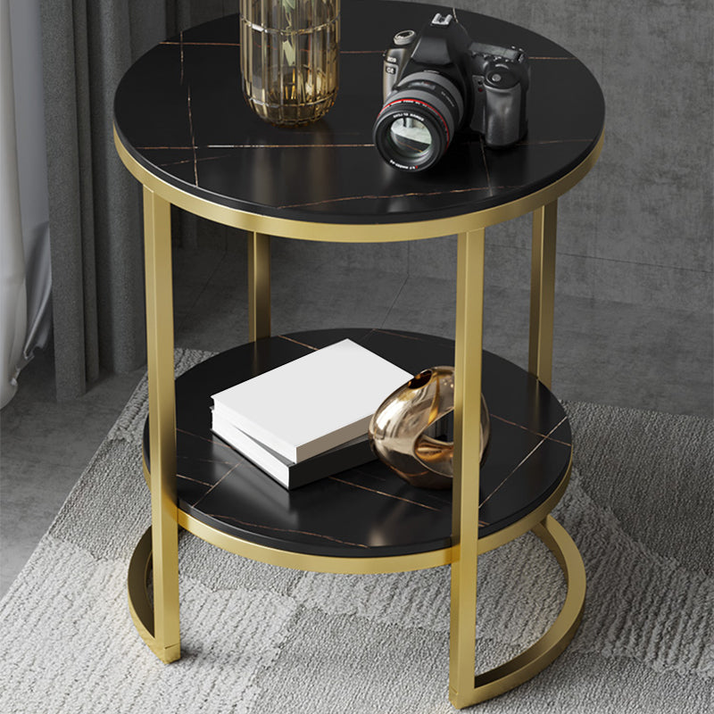 Metal Frame Side End Table Round Stone Top Side Table with Shelf