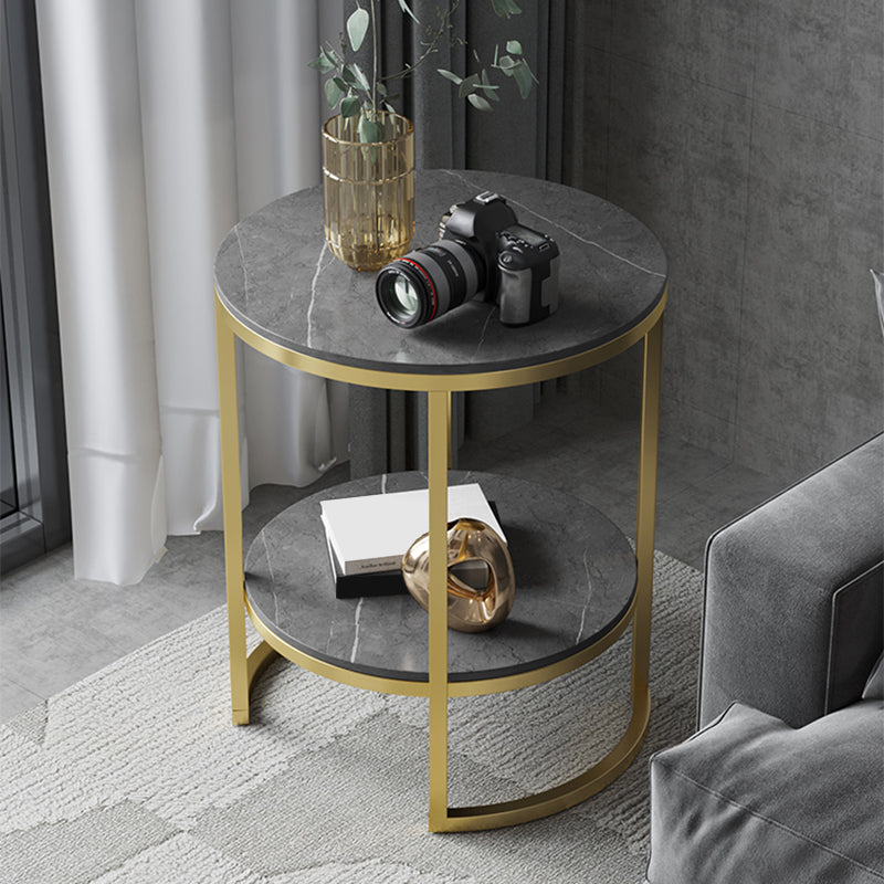 Metal Frame Side End Table Round Stone Top Side Table with Shelf