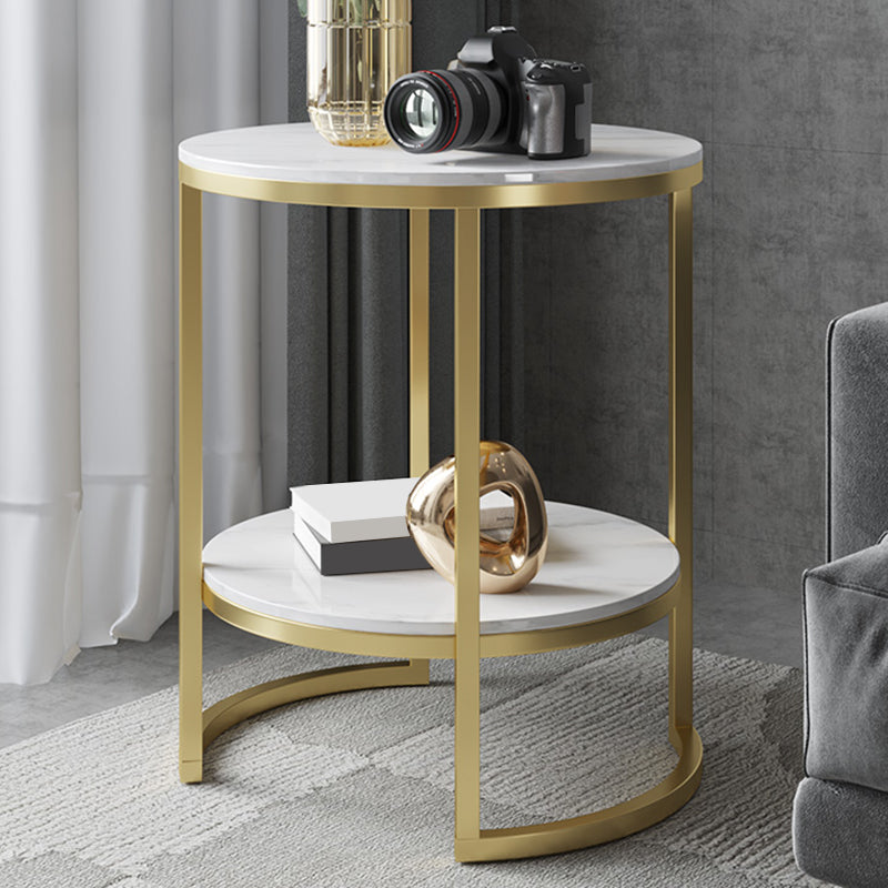 Metal Frame Side End Table Round Stone Top Side Table with Shelf