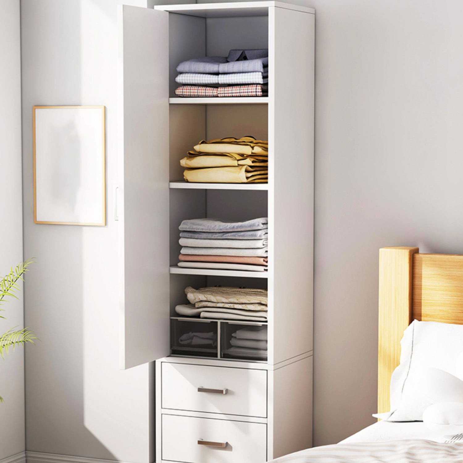 Modern Wood Freestanding Wardrobe Multifunctional Wardrobe with Hinged Door