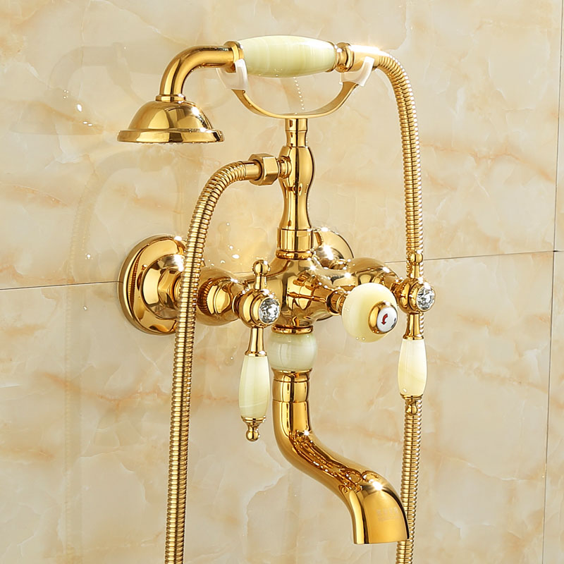 Wall Mounted Shower Arm Shower Faucet Metal Shower System with Slide Bar in Gold