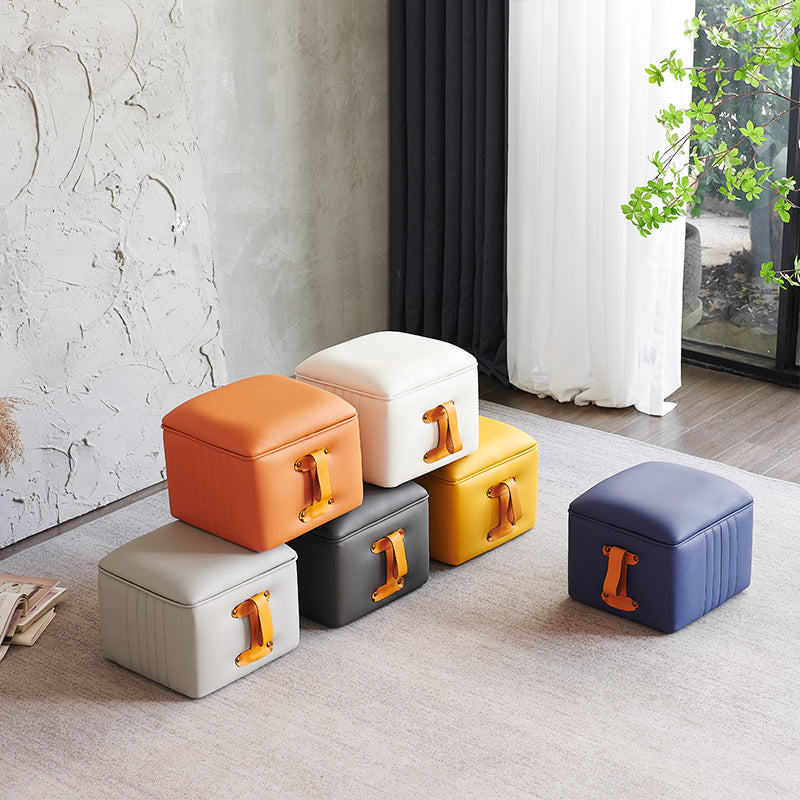 Glam Pouf Ottoman Genuine Leather Stain Resistant Upholstered Solid Color Square Ottoman