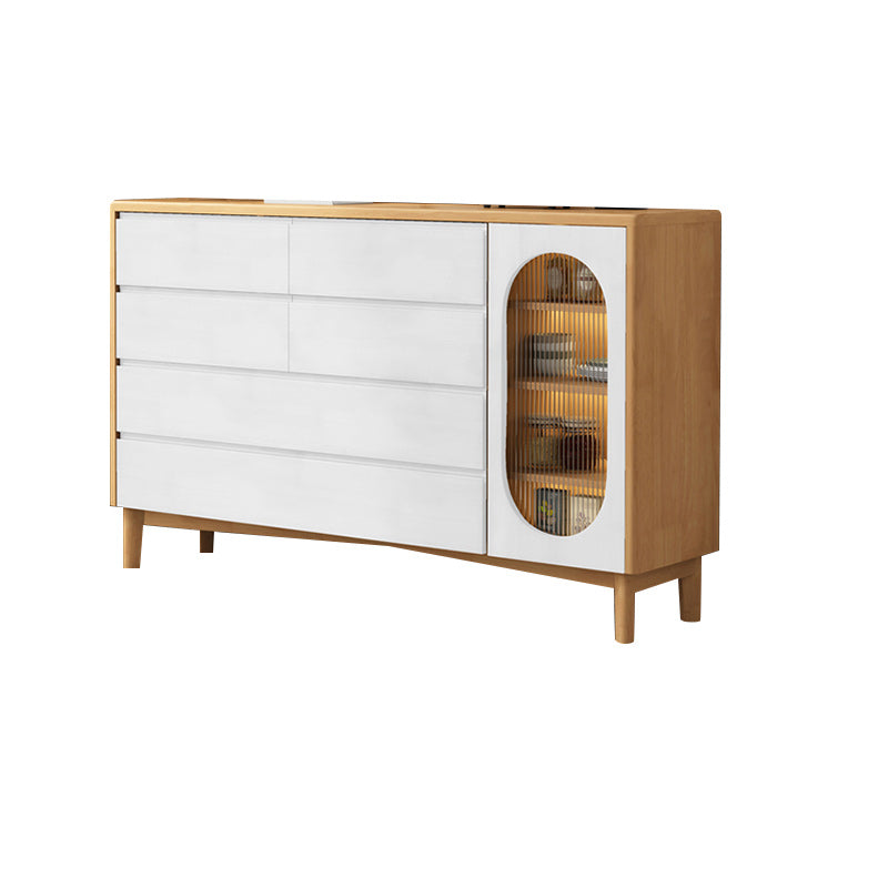1-Door and 6-Drawer Chest Rubberwood 47.2" Wide Cabinet with Rattan Accent