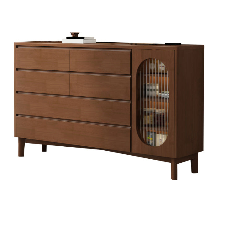 1-Door and 6-Drawer Chest Rubberwood 47.2" Wide Cabinet with Rattan Accent
