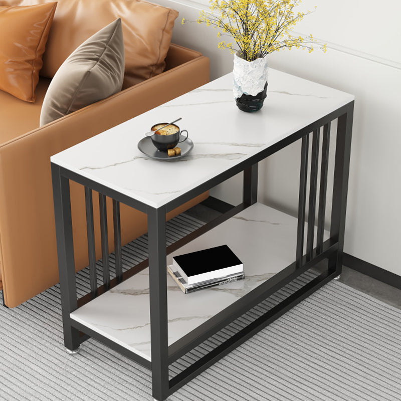 Metal Frame End Table 2-Tier Stone Top Accent Side Table with Shelf