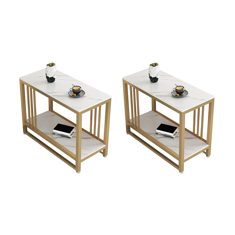 Metal Frame End Table 2-Tier Stone Top Accent Side Table with Shelf