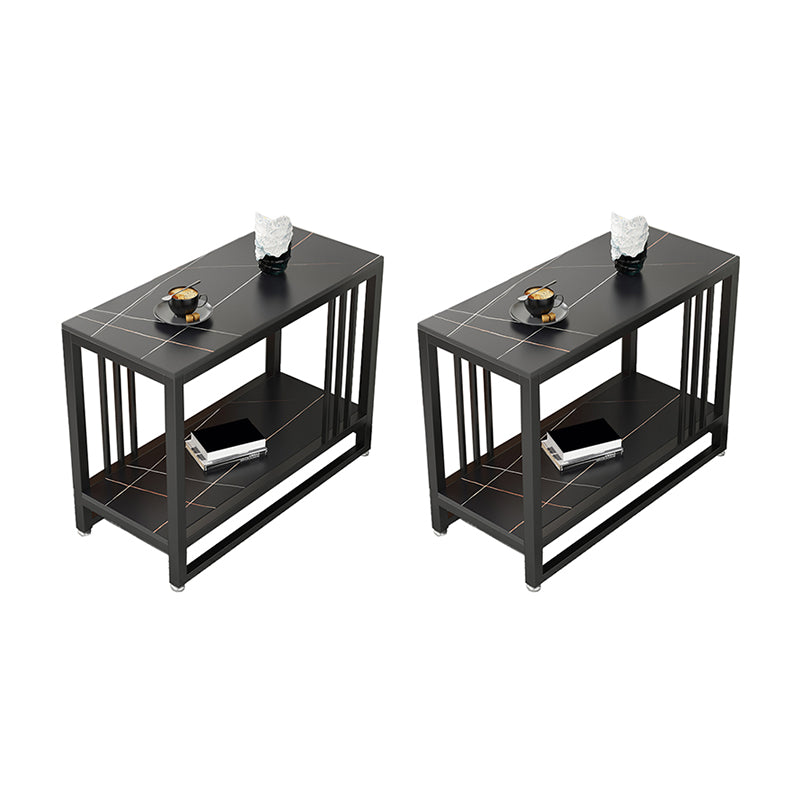 Metal Frame End Table 2-Tier Stone Top Accent Side Table with Shelf