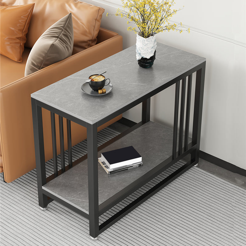 Metal Frame End Table 2-Tier Stone Top Accent Side Table with Shelf
