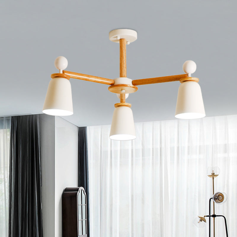 White Finish Bell Semi Flush Lighting Modernist 3/6 Lights Iron Ceiling Mounted Lamp with Wood Arm