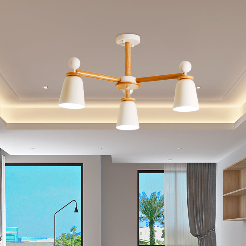 White Finish Bell Semi Flush Lighting Modernist 3/6 Lights Iron Ceiling Mounted Lamp with Wood Arm