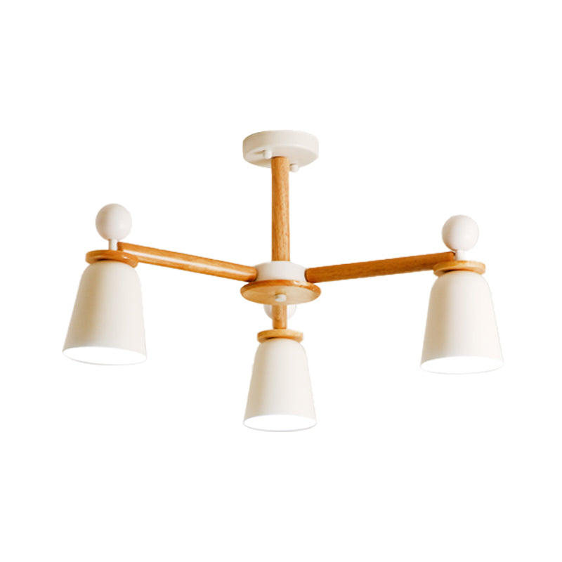 White Finish Bell Semi Flush Lighting Modernist 3/6 Lights Iron Ceiling Mounted Lamp with Wood Arm