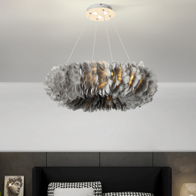 Loop Bedroom Ceiling Chandelier Fabric 3/6-Light Modernism Feather Suspended Pendant Lamp in White/Grey/Pink
