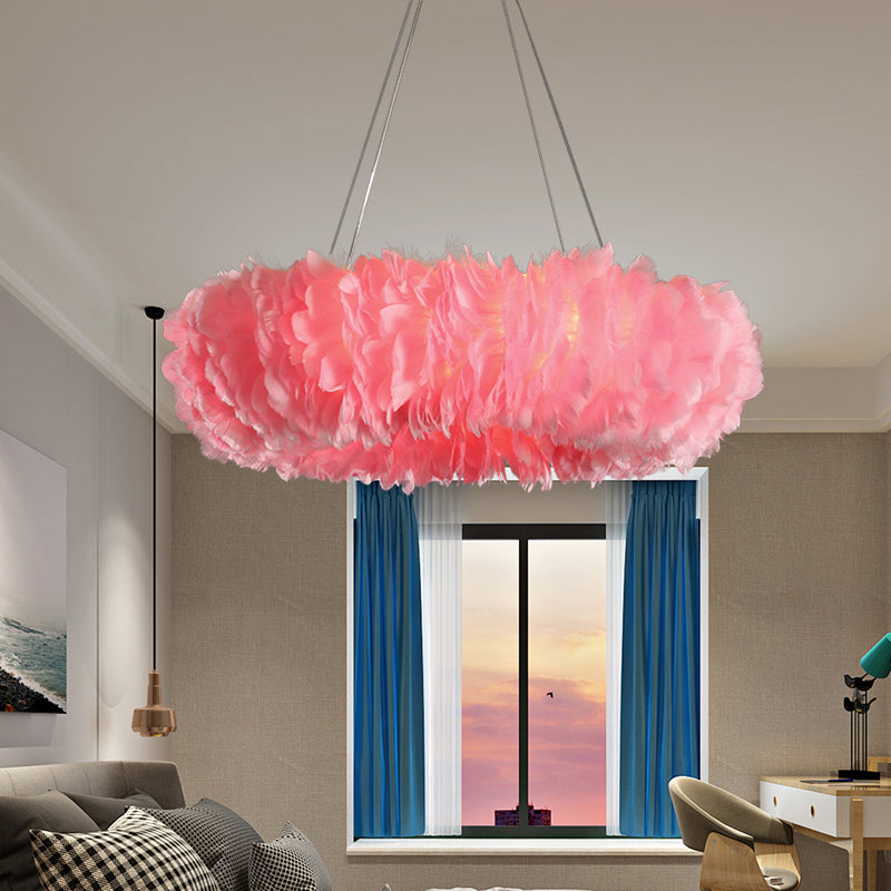 Loop Bedroom Ceiling Chandelier Fabric 3/6-Light Modernism Feather Suspended Pendant Lamp in White/Grey/Pink