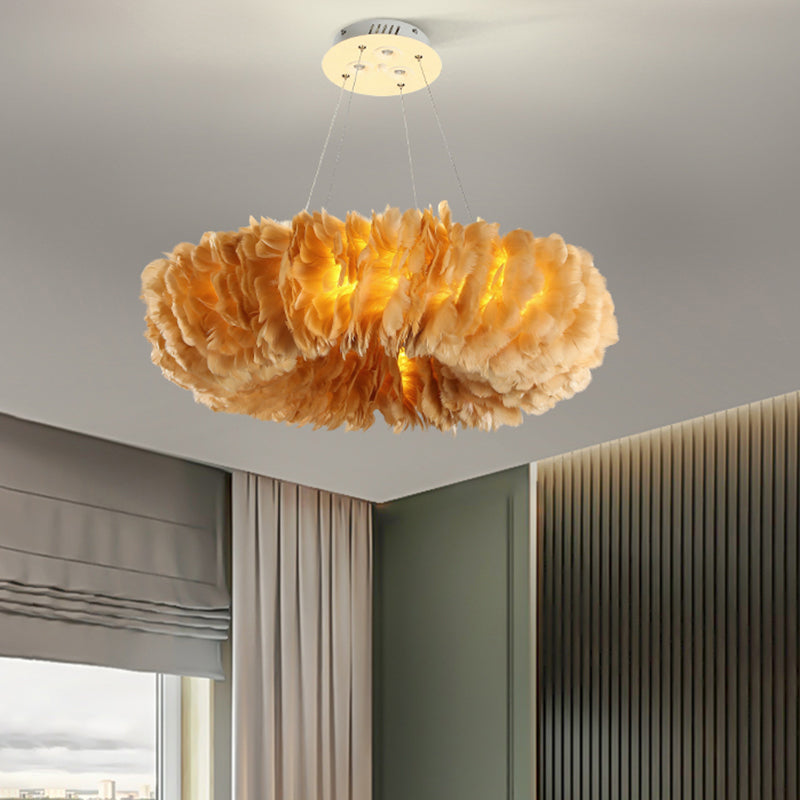 Loop Bedroom Ceiling Chandelier Fabric 3/6-Light Modernism Feather Suspended Pendant Lamp in White/Grey/Pink