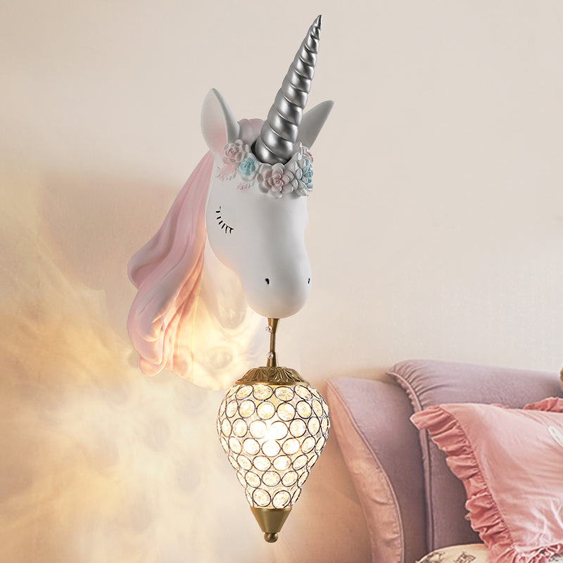 Blue/Pink Teardrop Wall Light Sconce Cartoon 1 Head Crystal Wall Mount Lamp with Unicorn Backplate, Right/Left