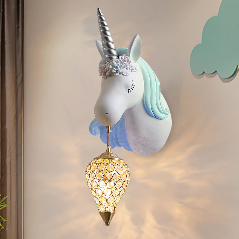 Blue/Pink Teardrop Wall Light Sconce Cartoon 1 Head Crystal Wall Mount Lamp with Unicorn Backplate, Right/Left