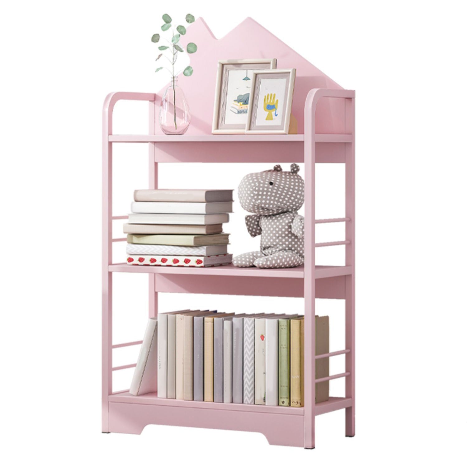 Contemporary Open Back Bookshelf Freestanding Metal Kids Bookcase with House Theme