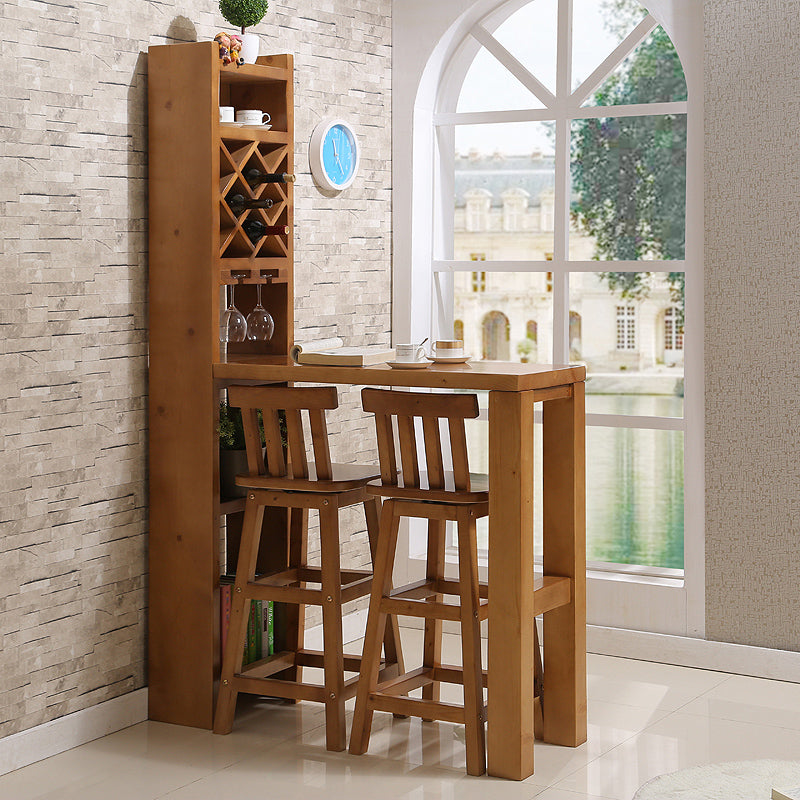 Brown Pine Wood Bistro Table with Storage Modern Pub Table for Home