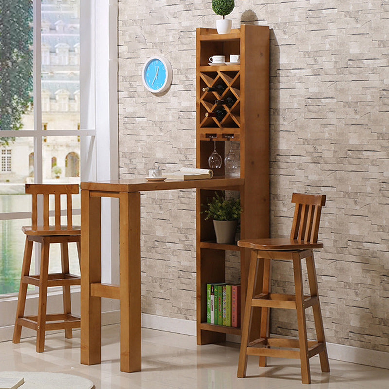 Brown Pine Wood Bistro Table with Storage Modern Pub Table for Home