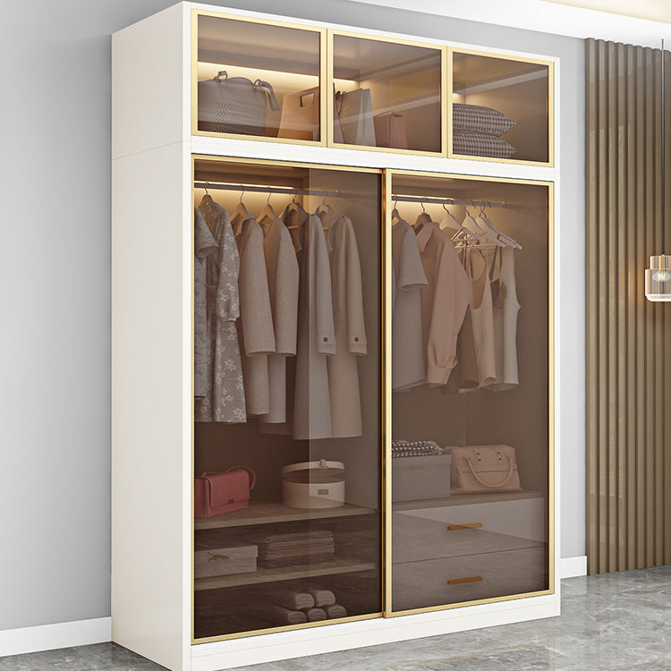 Modern White Wood Frame Wardrobe Freestanding Wardrobe with Sliding Glass Doors