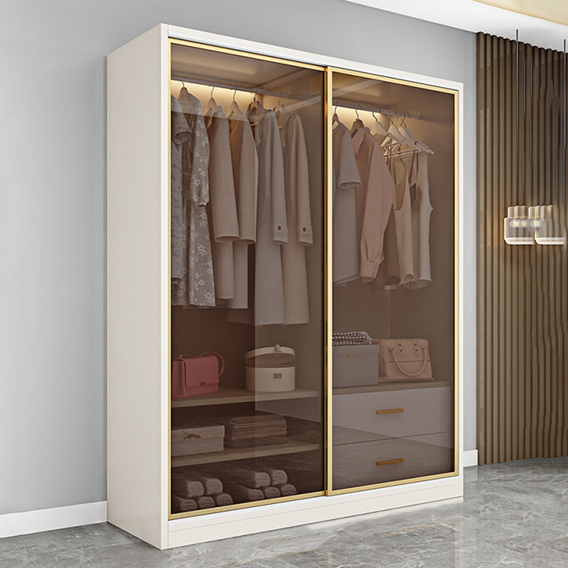 Modern White Wood Frame Wardrobe Freestanding Wardrobe with Sliding Glass Doors